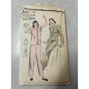 Vintage 1950's Vogue Easy to Make Pattern #5933 Womens Two-Piece Pajamas Size 16